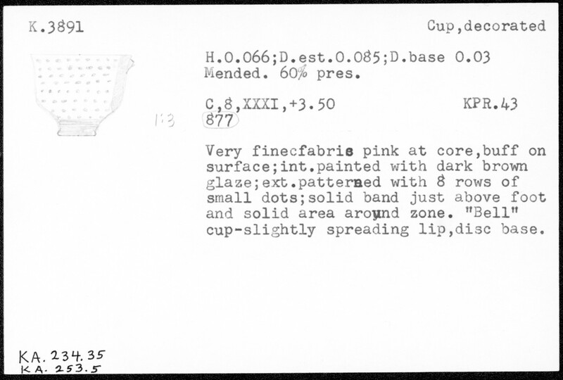 Index card with typed and handwritten information, sometimes including a sketch, of pottery from an excavation.