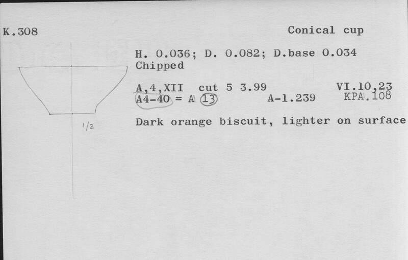 Index card with typed and handwritten information, sometimes including a sketch, of pottery from an excavation.