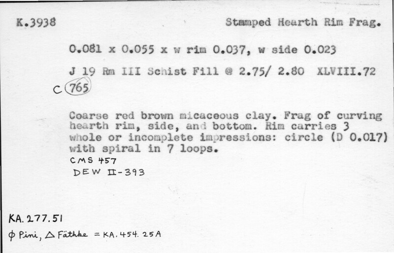 Index card with typed and handwritten information, sometimes including a sketch, of pottery from an excavation.