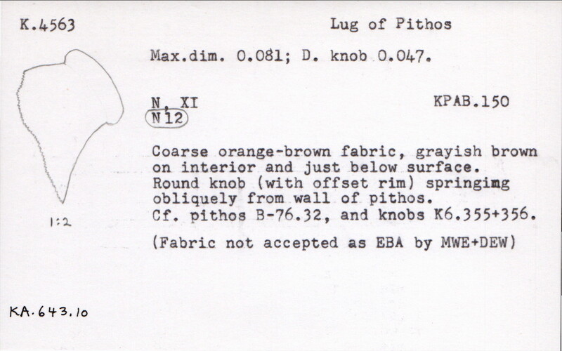 Index card with typed and handwritten information, sometimes including a sketch, of pottery from an excavation.