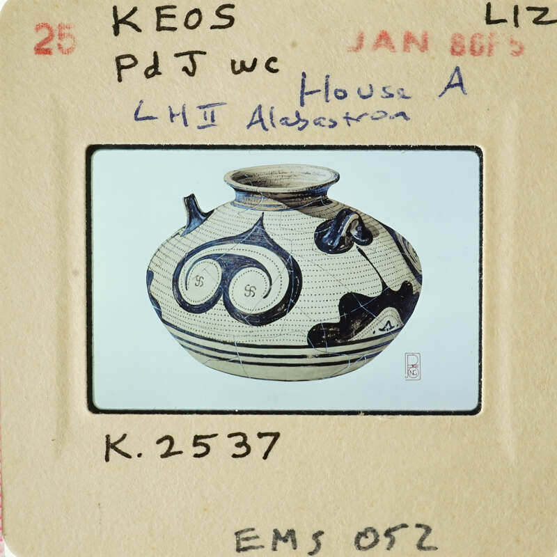 Ancient Greek vase with intricate black and white designs.