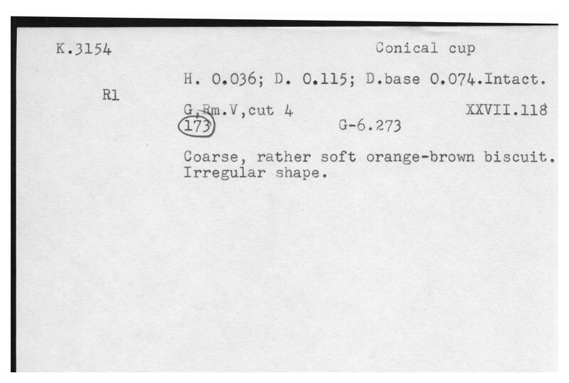 Index card with typed and handwritten information, sometimes including a sketch, of pottery from an excavation.
