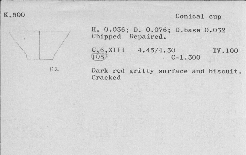 Index card with typed and handwritten information, sometimes including a sketch, of pottery from an excavation.