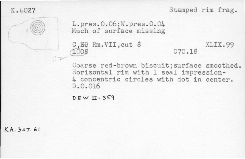 Index card with typed and handwritten information, sometimes including a sketch, of pottery from an excavation.