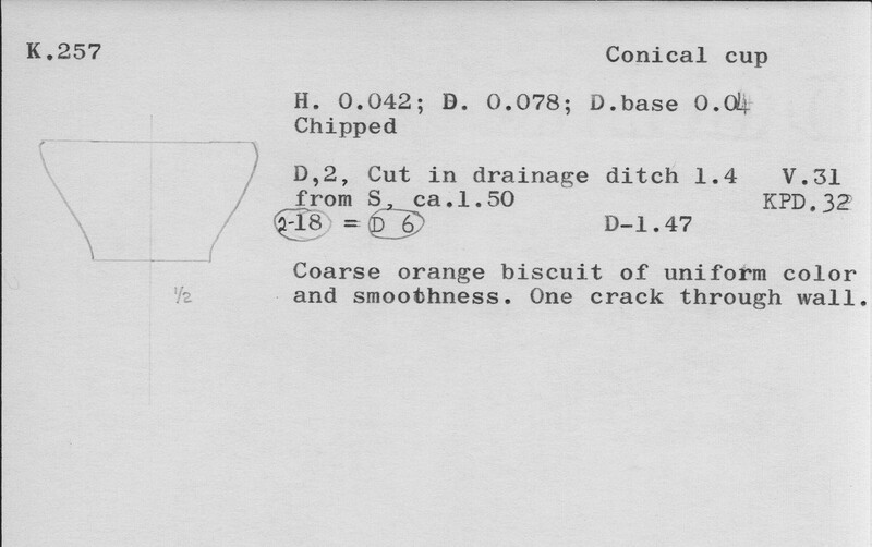 Index card with typed and handwritten information, sometimes including a sketch, of pottery from an excavation.