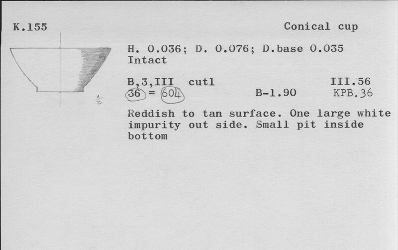 Index card with typed and handwritten information, sometimes including a sketch, of pottery from an excavation.