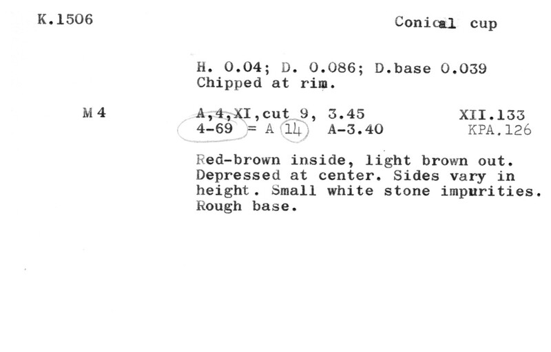 Index card with typed and handwritten information, sometimes including a sketch, of pottery from an excavation.