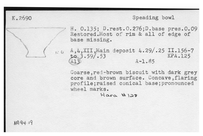Index card with typed and handwritten information, sometimes including a sketch, of pottery from an excavation.