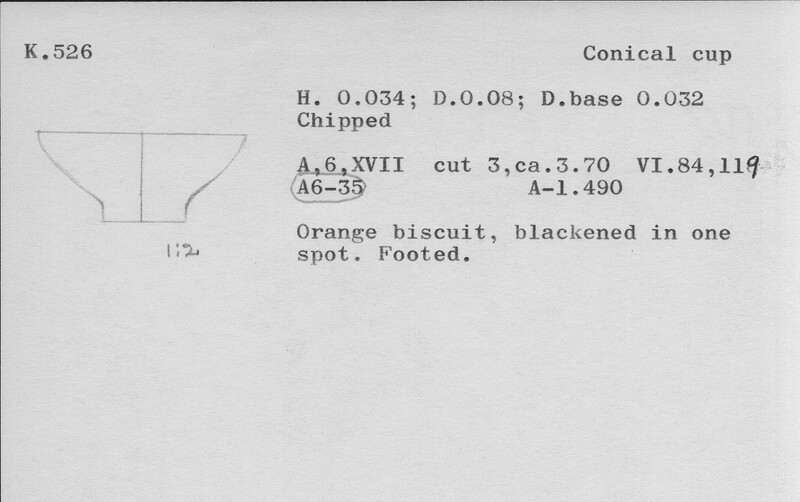 Index card with typed and handwritten information, sometimes including a sketch, of pottery from an excavation.