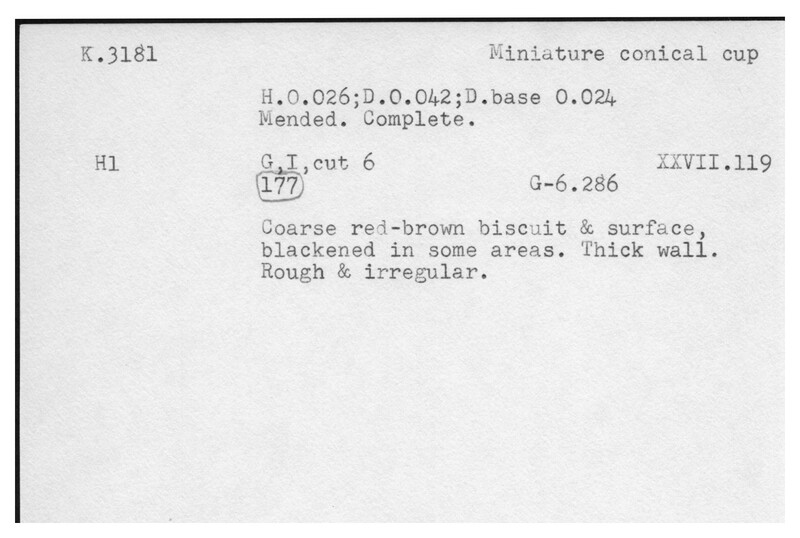 Index card with typed and handwritten information, sometimes including a sketch, of pottery from an excavation.
