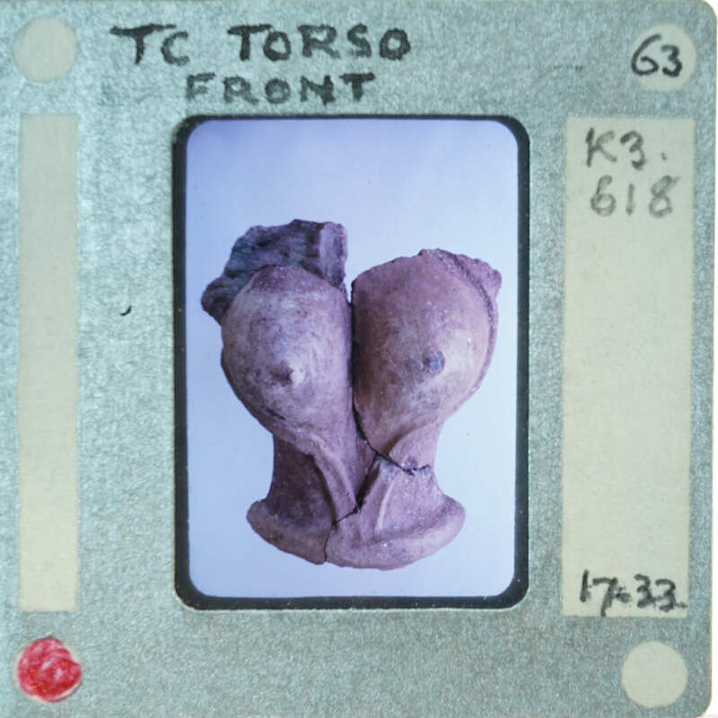Terracotta figurine torso from front.