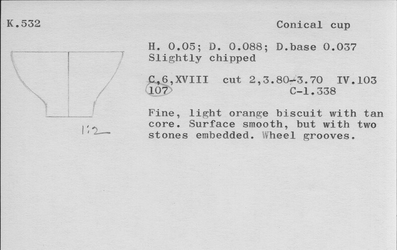 Index card with typed and handwritten information, sometimes including a sketch, of pottery from an excavation.