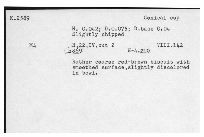 Index card with typed and handwritten information, sometimes including a sketch, of pottery from an excavation.