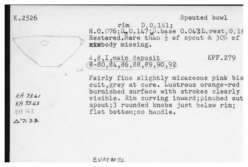 Index card with typed and handwritten information, sometimes including a sketch, of pottery from an excavation.