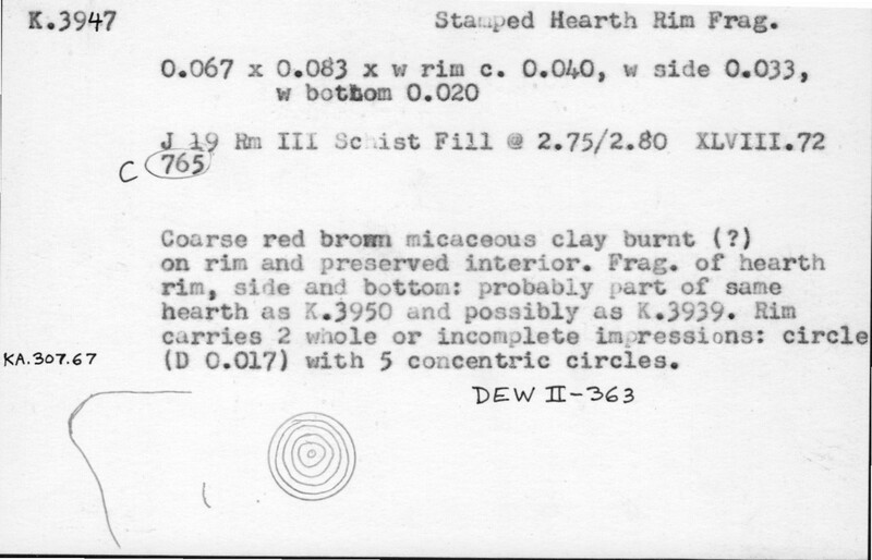 Index card with typed and handwritten information, sometimes including a sketch, of pottery from an excavation.