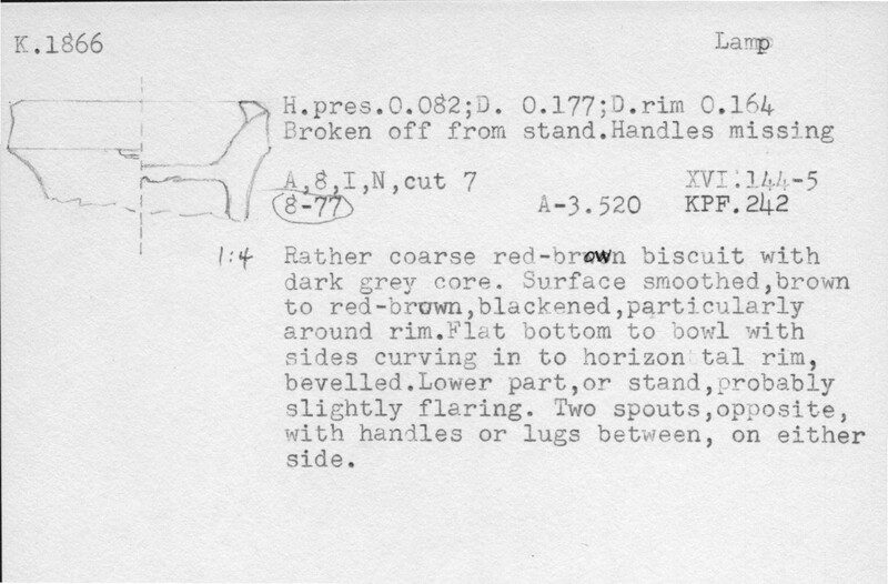Index card with typed and handwritten information, sometimes including a sketch, of pottery from an excavation.