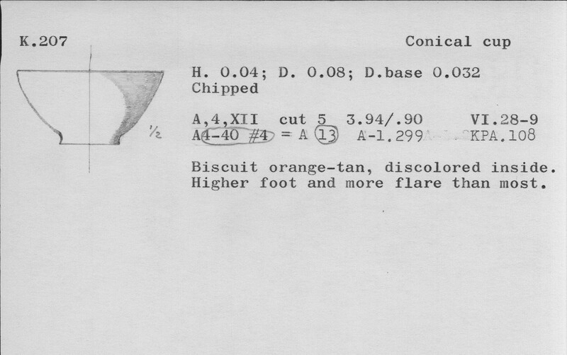 Index card with typed and handwritten information, sometimes including a sketch, of pottery from an excavation.