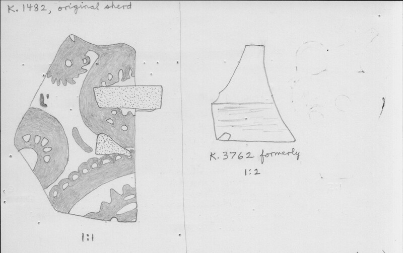 Index card with typed and handwritten information, sometimes including a sketch, of pottery from an excavation.