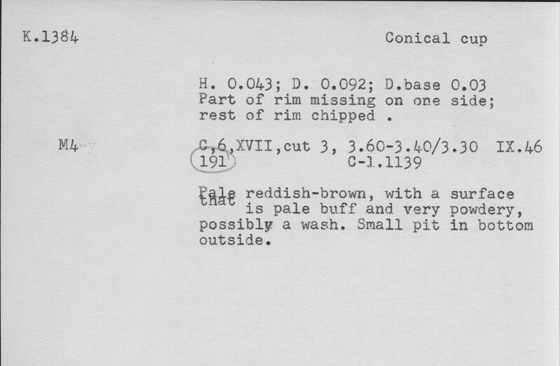 Index card with typed and handwritten information, sometimes including a sketch, of pottery from an excavation.