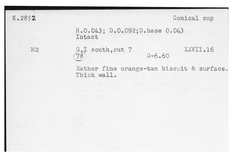 Index card with typed and handwritten information, sometimes including a sketch, of pottery from an excavation.
