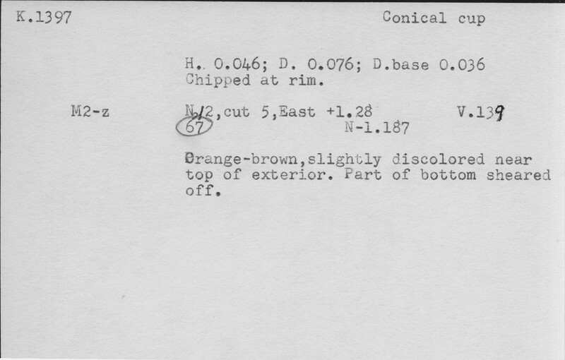 Index card with typed and handwritten information, sometimes including a sketch, of pottery from an excavation.