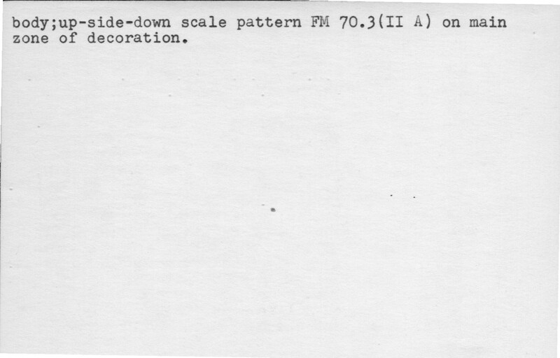 Index card with typed and handwritten information, sometimes including a sketch, of pottery from an excavation.
