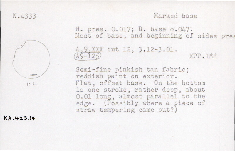 Index card with typed and handwritten information, sometimes including a sketch, of pottery from an excavation.