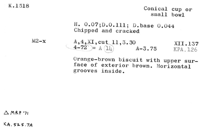Index card with typed and handwritten information, sometimes including a sketch, of pottery from an excavation.