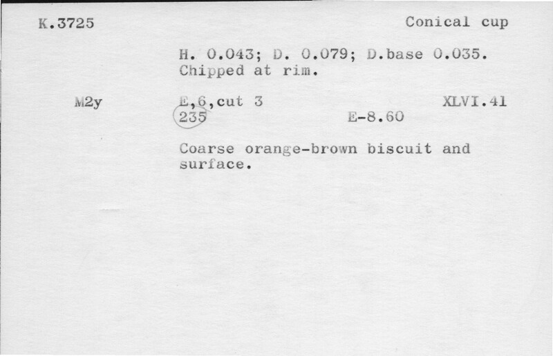 Index card with typed and handwritten information, sometimes including a sketch, of pottery from an excavation.