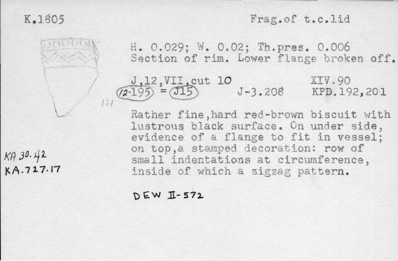 Index card with typed and handwritten information, sometimes including a sketch, of pottery from an excavation.