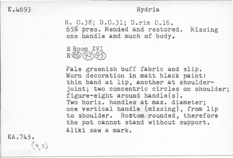 Index card with typed and handwritten information, sometimes including a sketch, of pottery from an excavation.