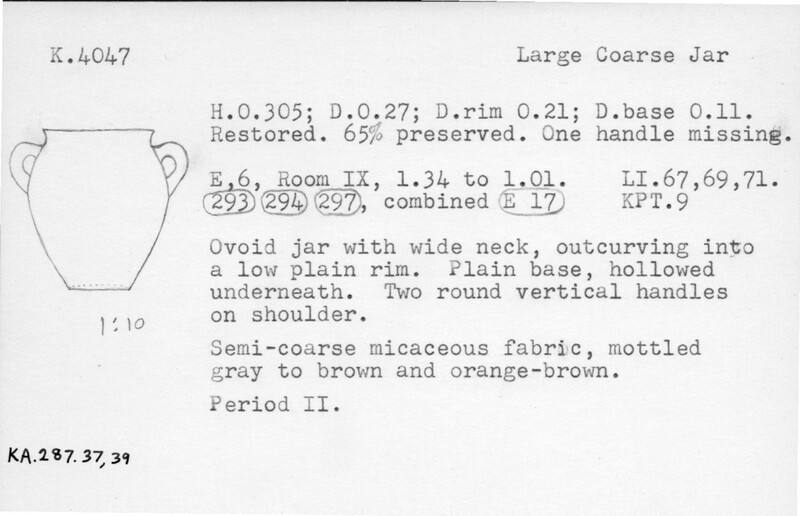 Index card with typed and handwritten information, sometimes including a sketch, of pottery from an excavation.