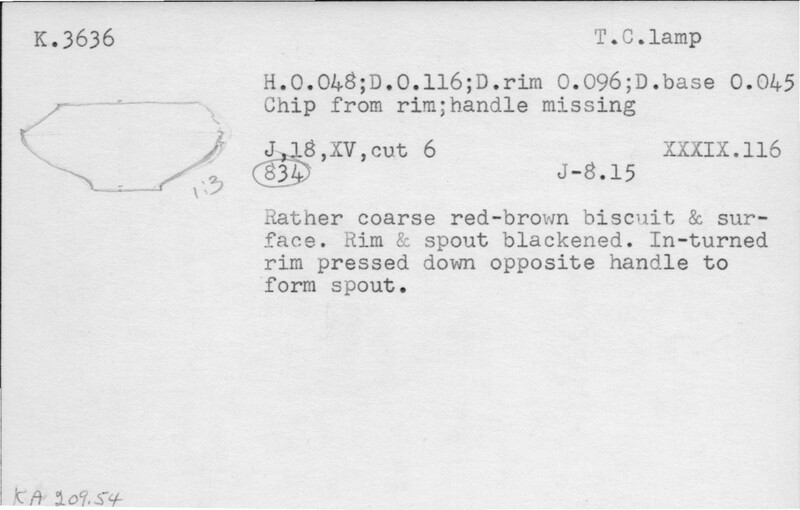 Index card with typed and handwritten information, sometimes including a sketch, of pottery from an excavation.