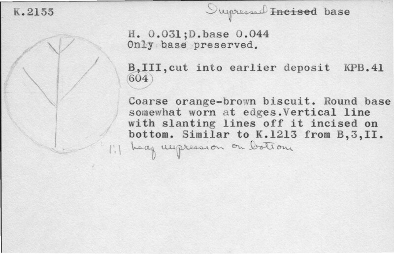 Index card with typed and handwritten information, sometimes including a sketch, of pottery from an excavation.