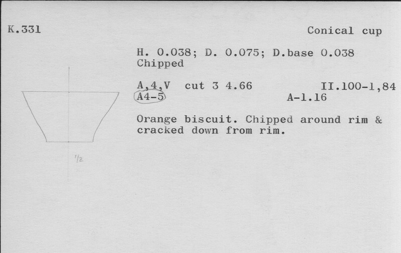 Index card with typed and handwritten information, sometimes including a sketch, of pottery from an excavation.
