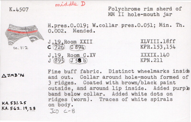Index card with typed and handwritten information, sometimes including a sketch, of pottery from an excavation.