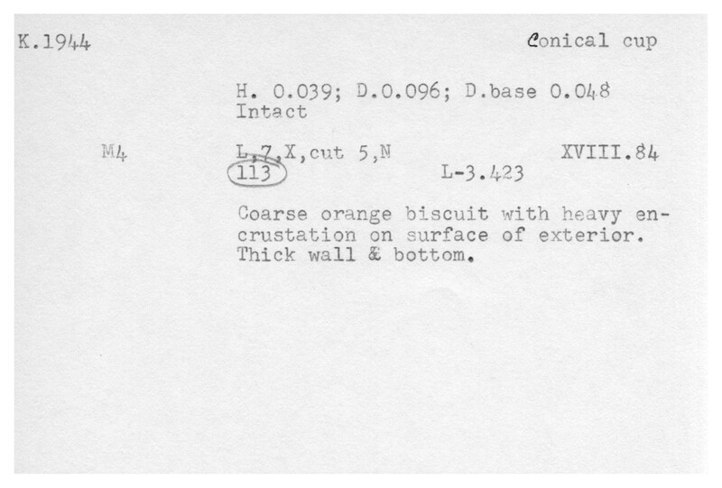 Index card with typed and handwritten information, sometimes including a sketch, of pottery from an excavation.