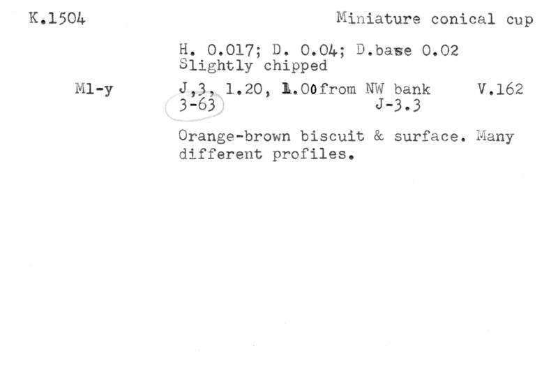 Index card with typed and handwritten information, sometimes including a sketch, of pottery from an excavation.