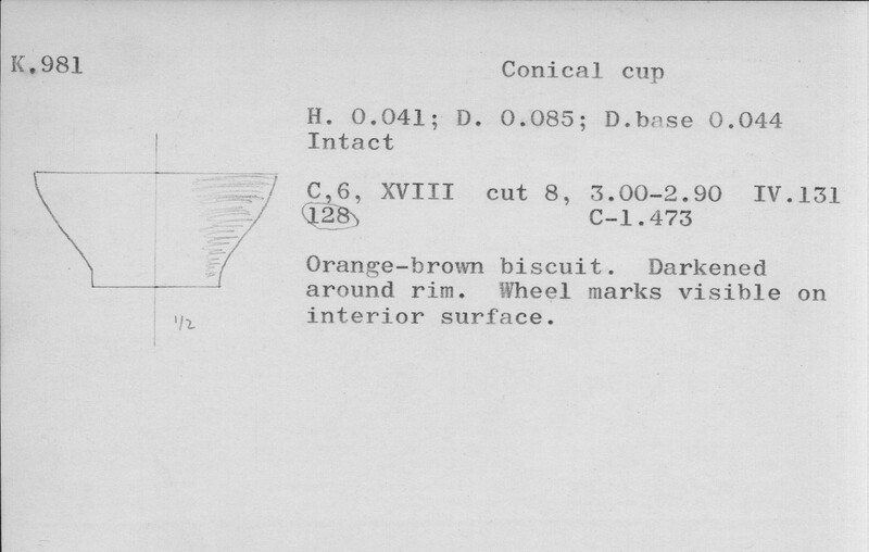 Index card with typed and handwritten information, sometimes including a sketch, of pottery from an excavation.