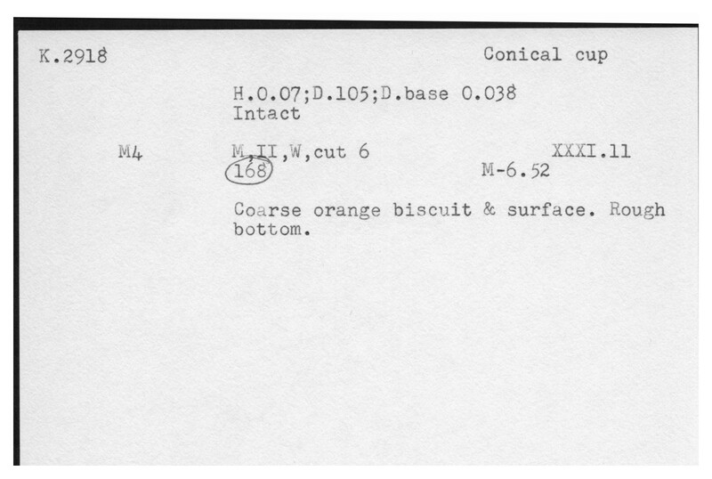 Index card with typed and handwritten information, sometimes including a sketch, of pottery from an excavation.