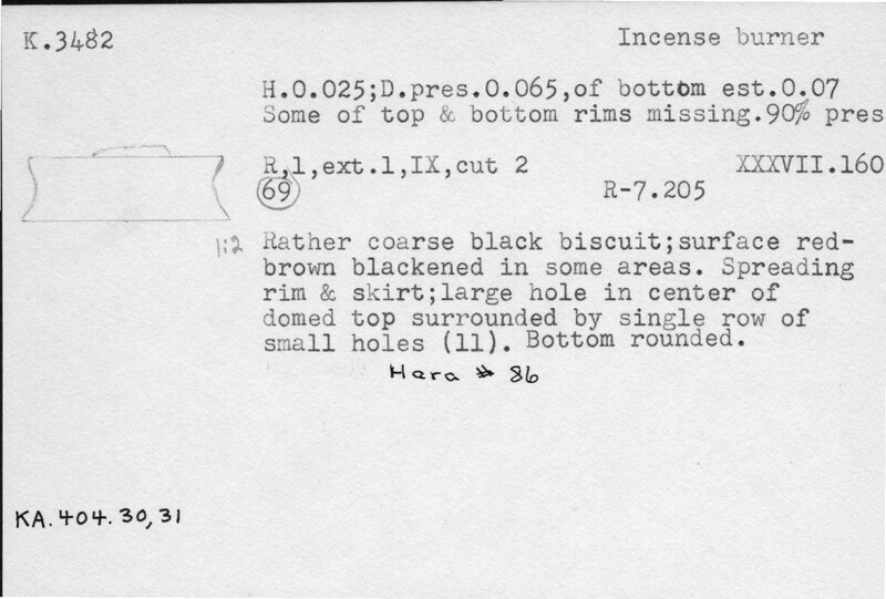 Index card with typed and handwritten information, sometimes including a sketch, of pottery from an excavation.
