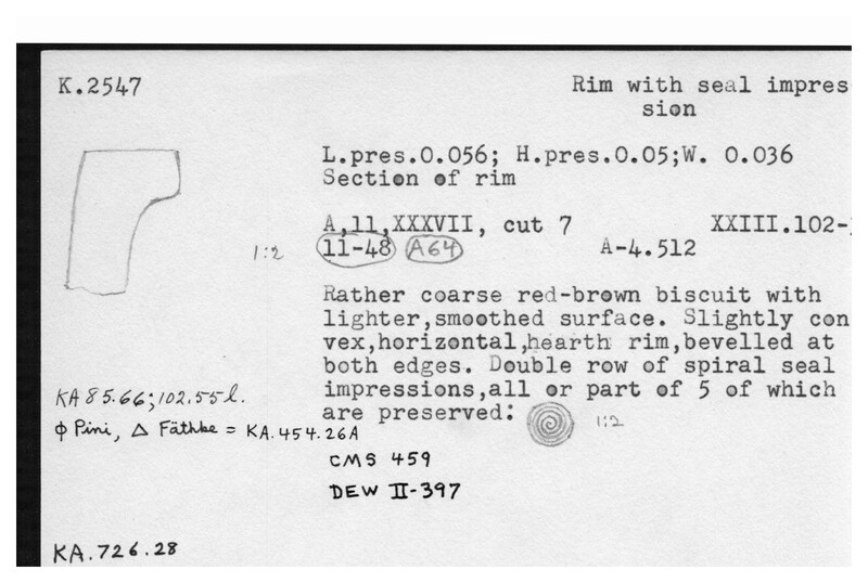 Index card with typed and handwritten information, sometimes including a sketch, of pottery from an excavation.