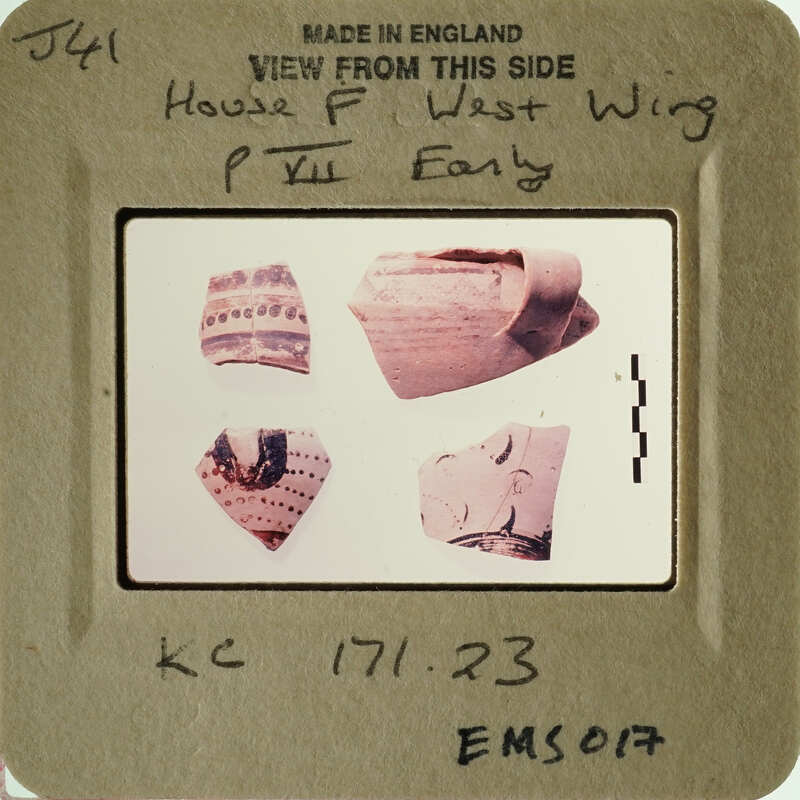 Pieces of pottery displayed on a white background with labels and notes.
