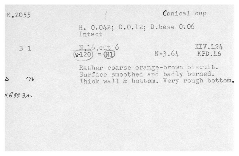 Index card with typed and handwritten information, sometimes including a sketch, of pottery from an excavation.