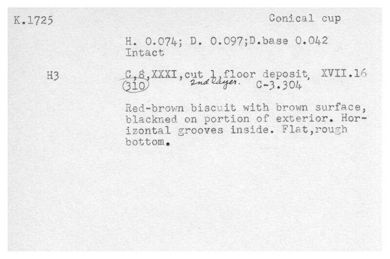 Index card with typed and handwritten information, sometimes including a sketch, of pottery from an excavation.