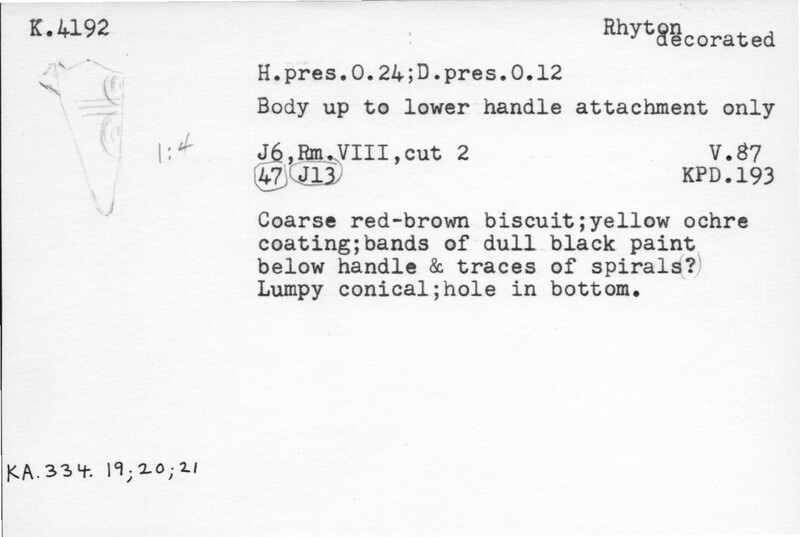 Index card with typed and handwritten information, sometimes including a sketch, of pottery from an excavation.