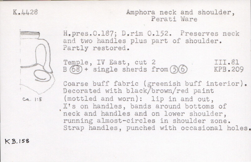 Index card with typed and handwritten information, sometimes including a sketch, of pottery from an excavation.