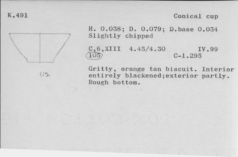 Index card with typed and handwritten information, sometimes including a sketch, of pottery from an excavation.