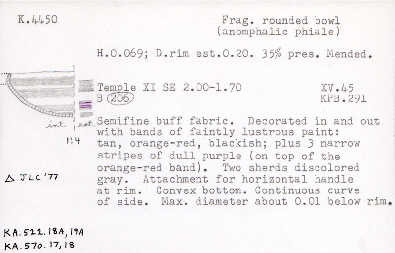 Index card with typed and handwritten information, sometimes including a sketch, of pottery from an excavation.