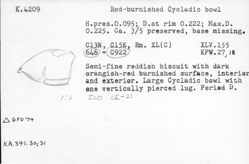 Index card with typed and handwritten information, sometimes including a sketch, of pottery from an excavation.